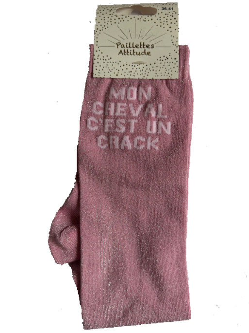 Chaussettes d'équitation pailletées ''Mon cheval c'est un crack'' Paillettes Attitude