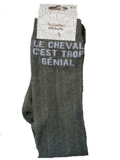 Chaussettes d'équitation pailletées ''Le cheval c'est trop génial'' Paillettes Attitude