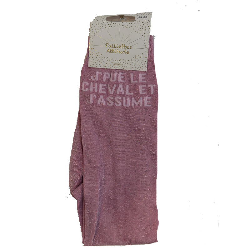 Chaussettes d'équitation enfant pailletées ''Je pue le cheval et j'assume'' Paillettes Attitude
