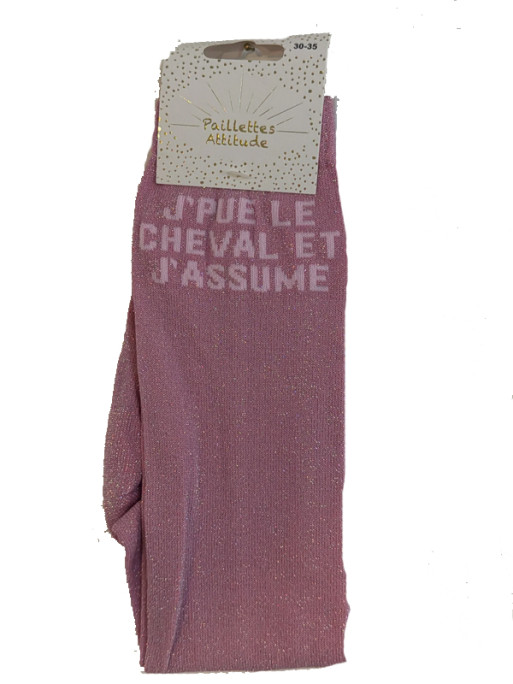 Chaussettes d'équitation enfant pailletées ''Je pue le cheval et j'assume'' Paillettes Attitude