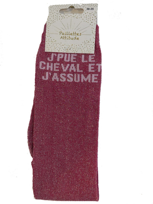 Chaussettes d'équitation enfant pailletées ''Je pue le cheval et j'assume'' Paillettes Attitude