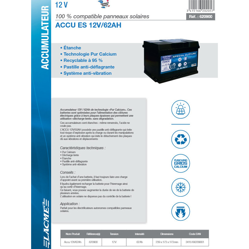 Accumulateur 12V/62Ah Lacmé