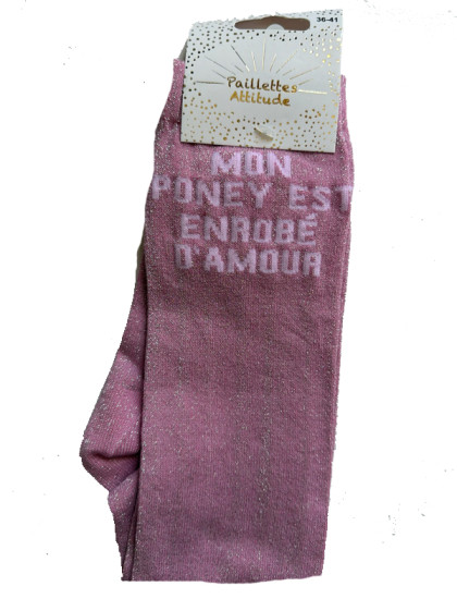Chaussettes d'équitation pailletées ''Mon poney est enrobé d'amour'' Paillettes Attitude